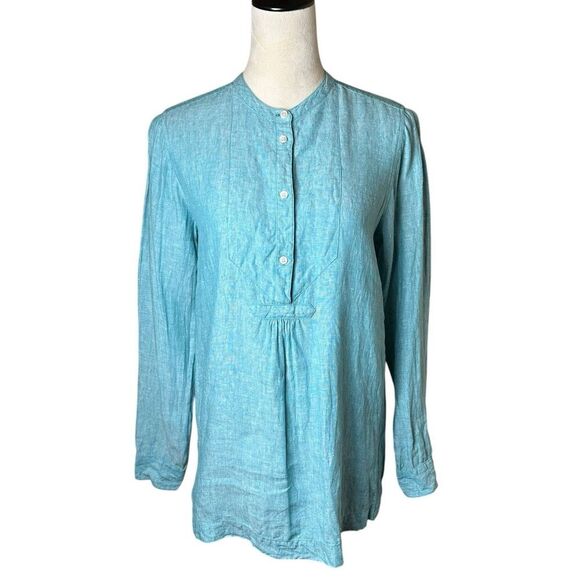 J.Crew Baird McNutt Irish Linen Tunic Top | Aqua Blue Button Front Shirt 4 Tall - Picture 5 of 8